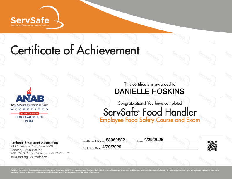 ServSafe Food Handler certificate of achievement, awarded April 2026
