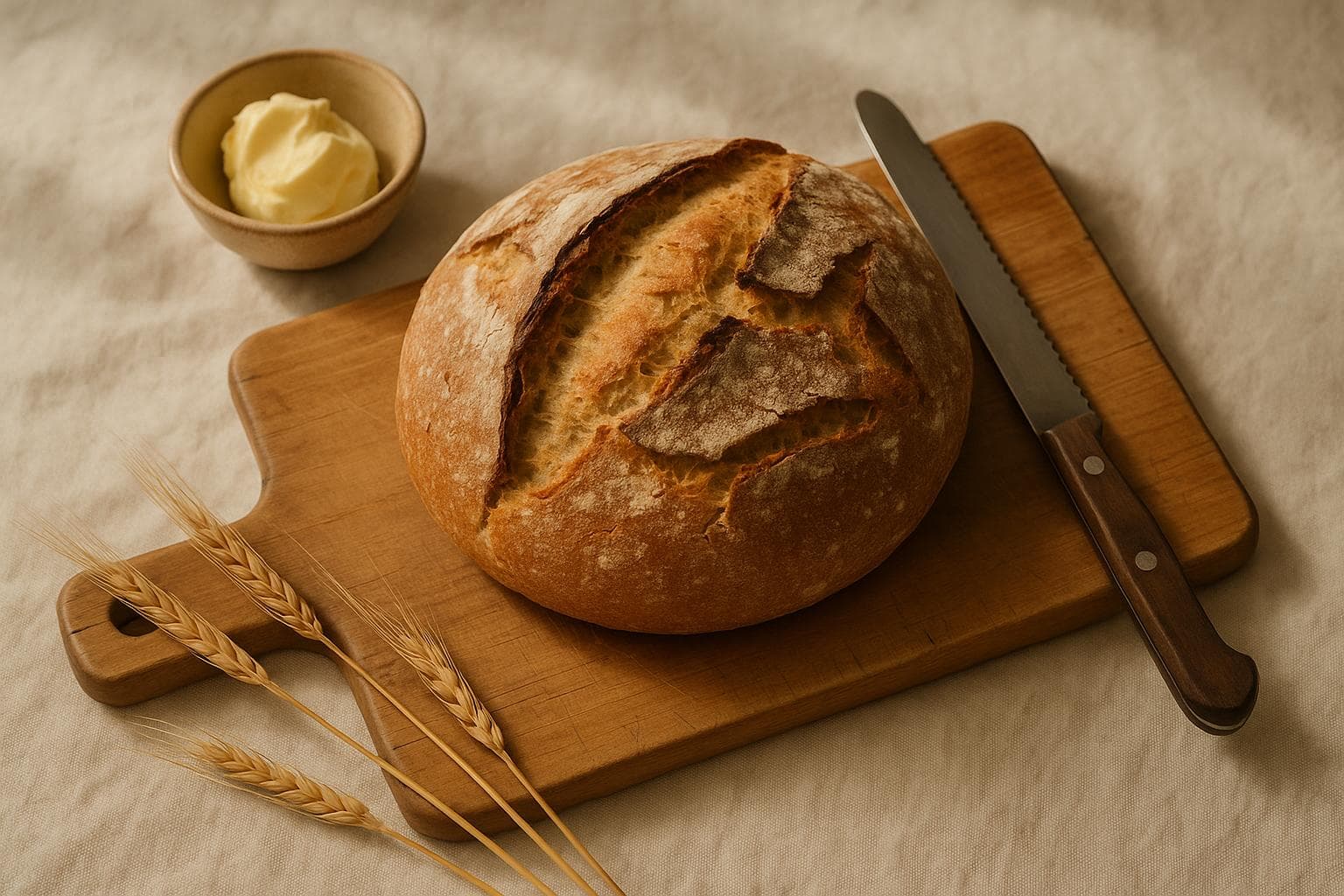 A rustic loaf with a cracked crust on a wooden board, beside butter and a sheaf of wheat